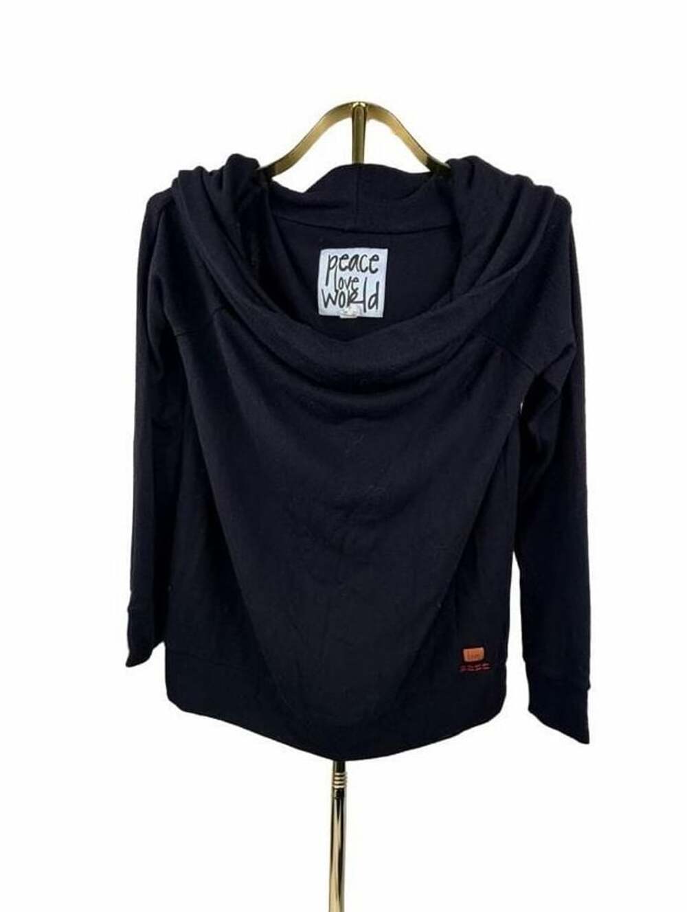 Peace Love World Hoodie Size XS Black Cowl Neck Sweatshirt